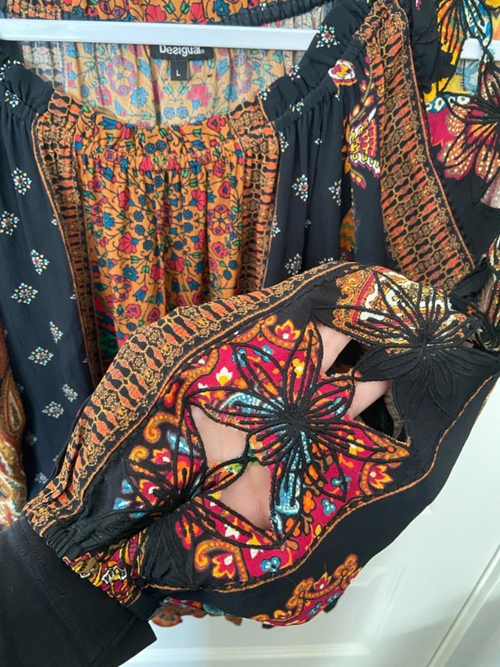 Desigual Off-Shoulder Boho Floral Patchwork Top in Black and Rust - Picture 11 of 11